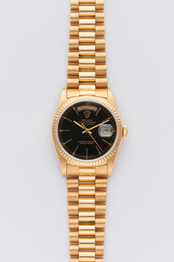 1991 Rolex Oyster Perpetual Day-Date 18k Yellow Gold Black Dial 18238 With Papers