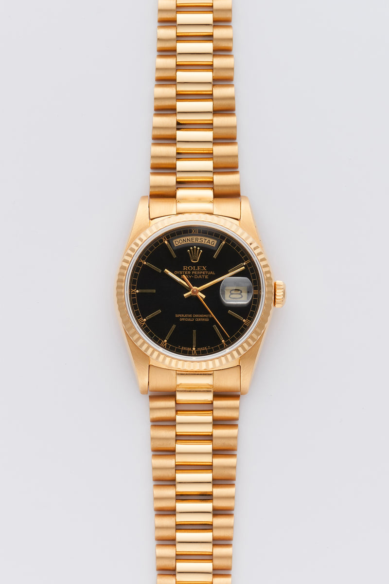 1991 Rolex Oyster Perpetual Day-Date 18k Yellow Gold Black Dial 18238 With Papers