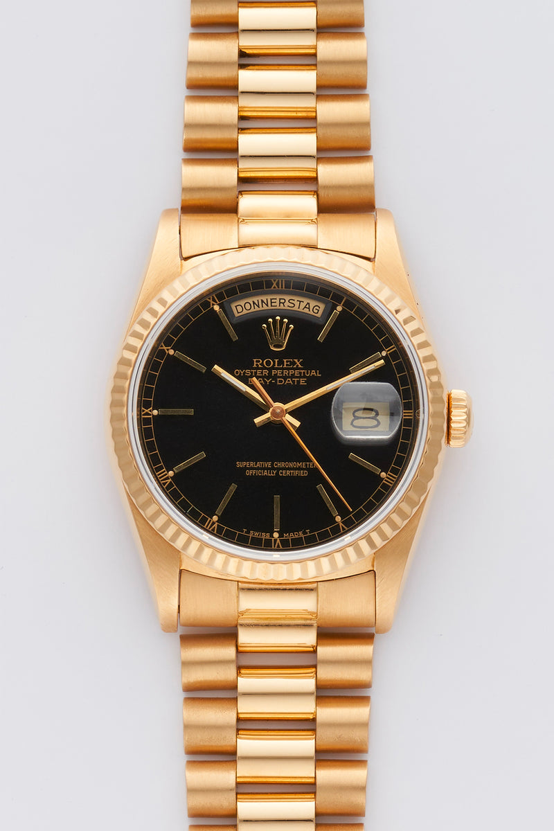 1991 Rolex Oyster Perpetual Day-Date 18k Yellow Gold Black Dial 18238 With Papers