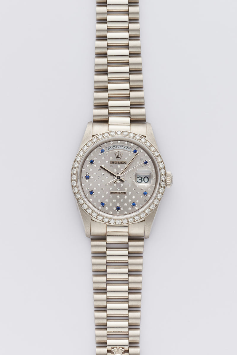 1991 Rolex Oyster Perpetual Platinum Day-Date Silvered Sapphire "Pléiade" dial 18346 with Punched Papers