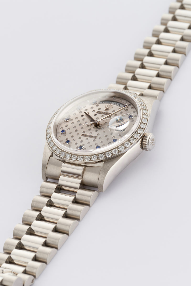 1991 Rolex Oyster Perpetual Platinum Day-Date Silvered Sapphire "Pléiade" dial 18346 with Punched Papers