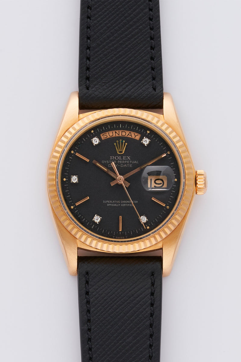 1973 Rolex Oyster Perpetual Day-Date 18k Rose Gold "Diamond-Set Calendar" Black Dial 1803