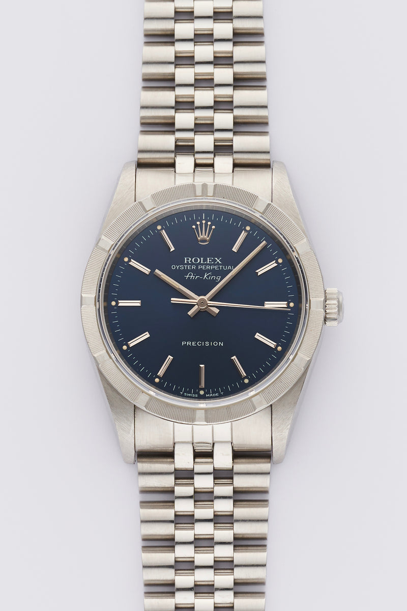 1991 Rolex Oyster Perpetual Air-King Engine-turned bezel Blue Soleil Dial 14010