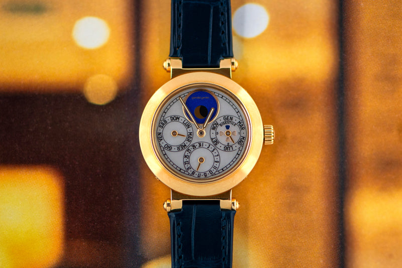 1990s Gérald Genta Gefica Perpetual Calendar 18K yellow gold "Mother of Pearl" with Lapis Dial G3144.7