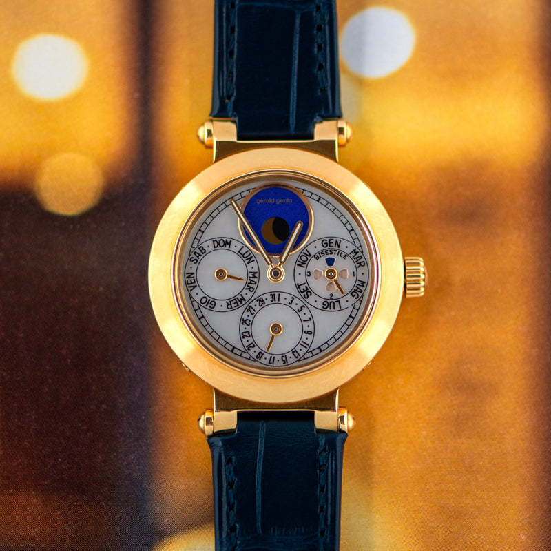 1990s Gérald Genta Gefica Perpetual Calendar 18K yellow gold "Mother of Pearl" with Lapis Dial G3144.7