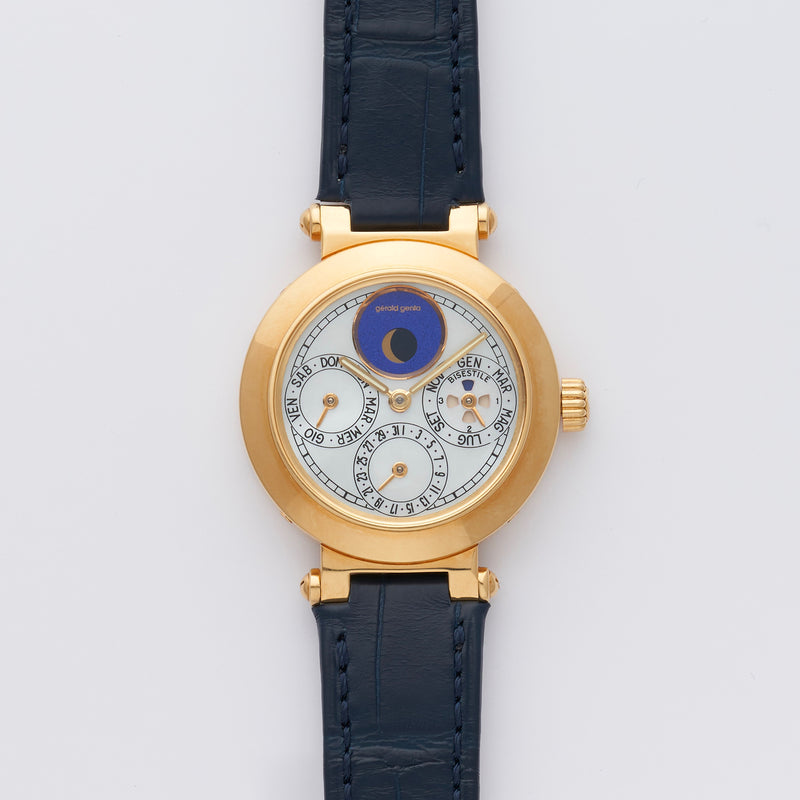 1990s Gérald Genta Gefica "La 19" Perpetual Calendar 18K yellow gold "Mother of Pearl" with Lapis Dial G3144.7