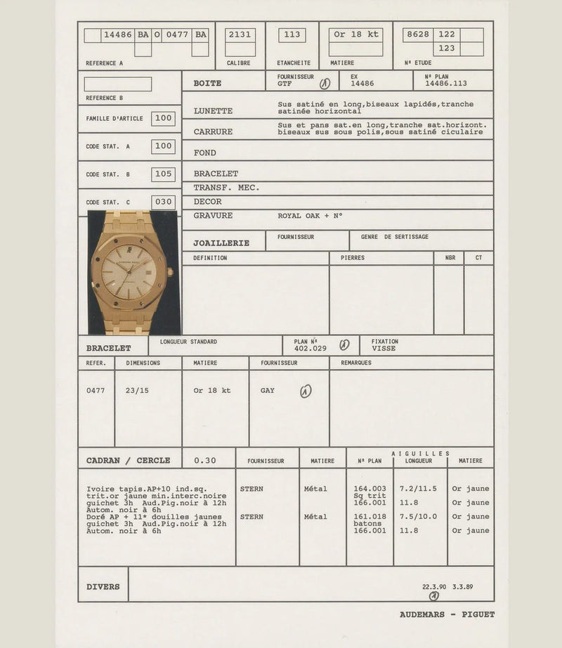 1986 Audemars Piguet Royal Oak 18k Yellow Gold Grey Dial 14486BA with its Certificat d'origine et de garantie, AP and Wempe service papers